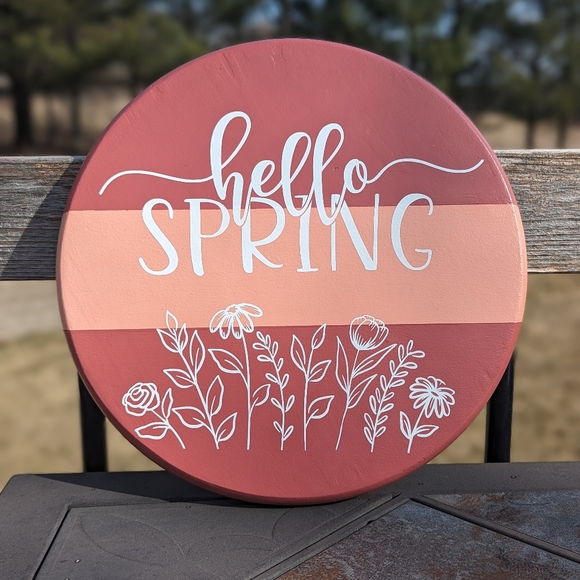 Two Toned Pink Hello Spring Wooden Sign - Picture 1 of 1